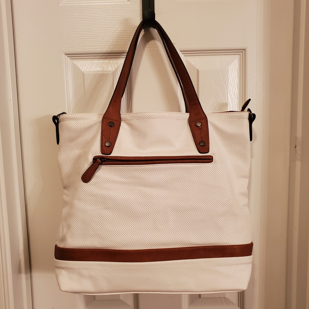 Marc Picard- White & Brown- Perforated - Faux Leather - Tote